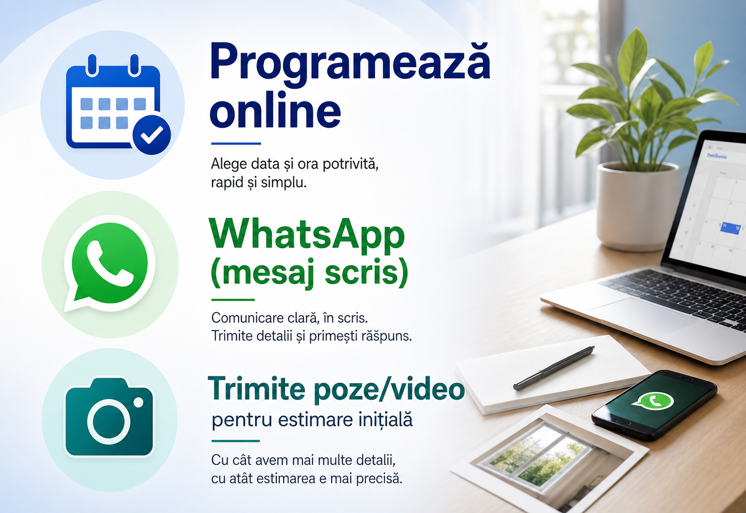Programează online, WhatsApp (mesaj scris) și trimite poze sau video pentru estimare inițială.